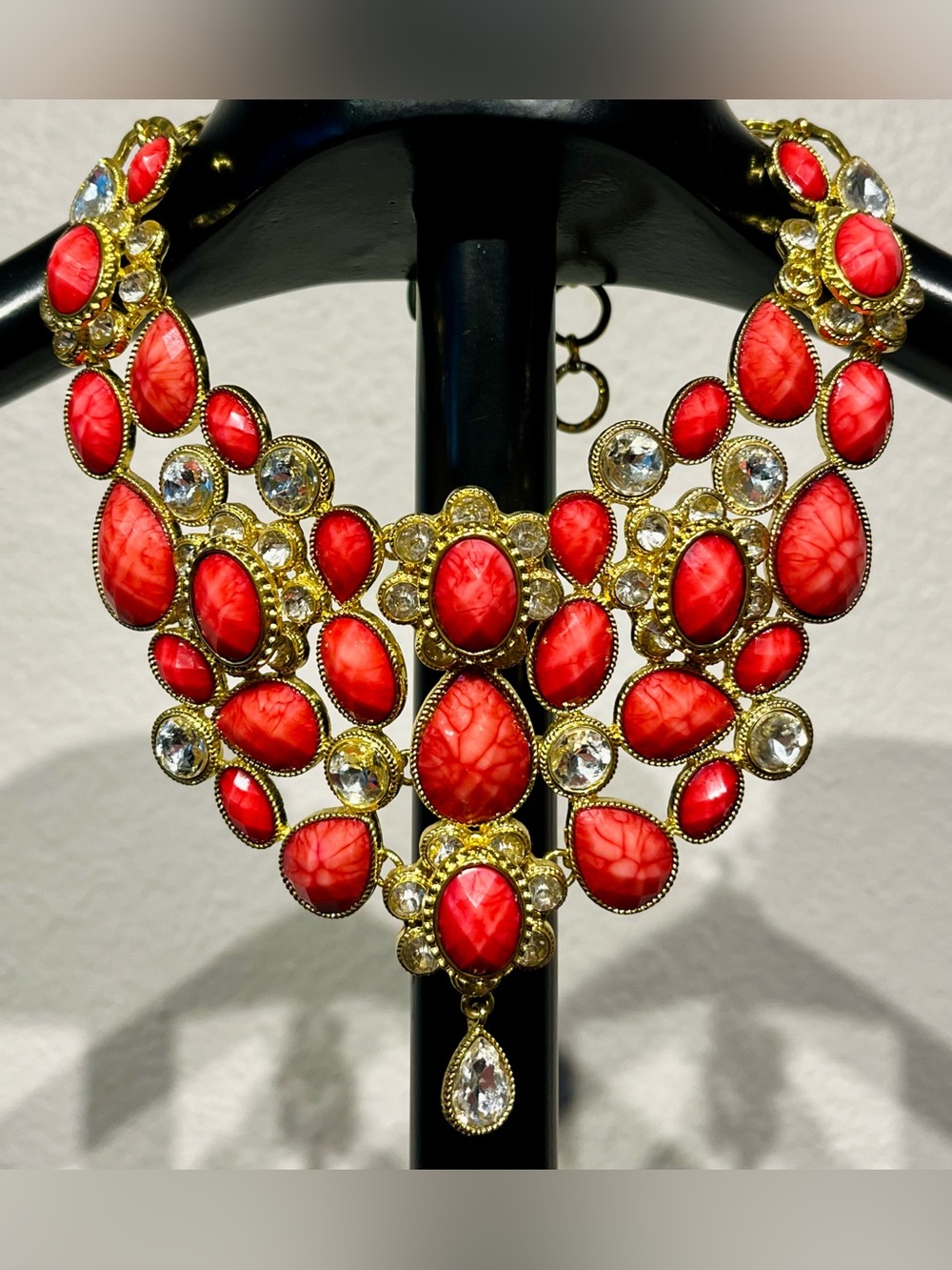 Amrita Singh Gold Tone Statement Necklace with Red and Clear Gemstone Accents